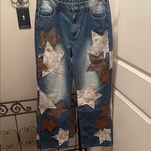 Oli & Hali Women's Star Patch Boot Cut Jeans - Blue, Brown, Cream- LARGE- NWOT